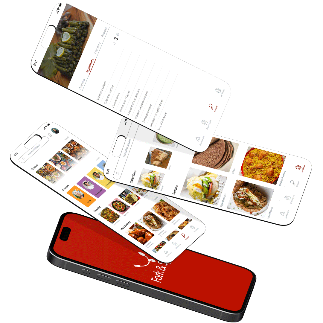 Phone showcasing multiple screens of the app.