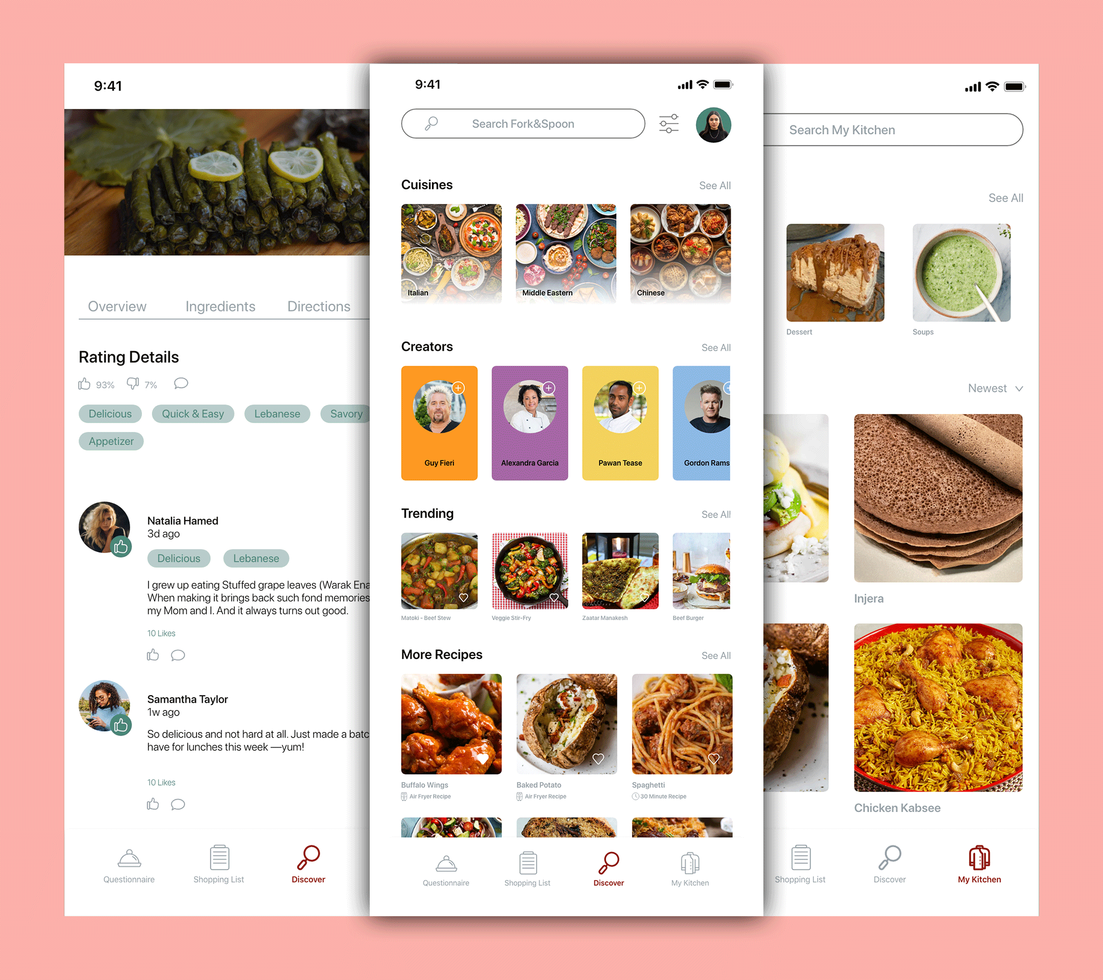 Fork & Spoon mobile screens