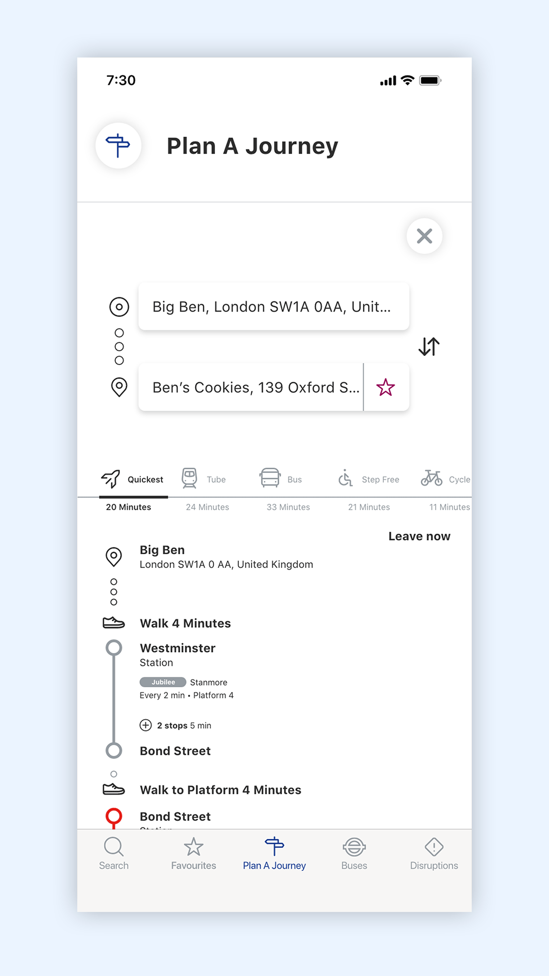 TFL Go: Plan a journey screen